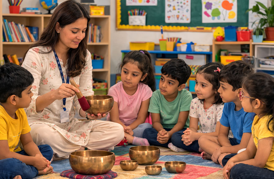 Teacher using a Tibetan singing bowl with students during a mindfulness session