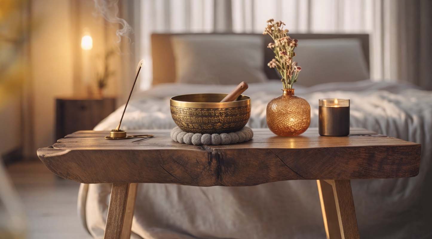 handmade Tibetan singing bowl and incense on wooden table in bedroom, sound healing meditation before sleep