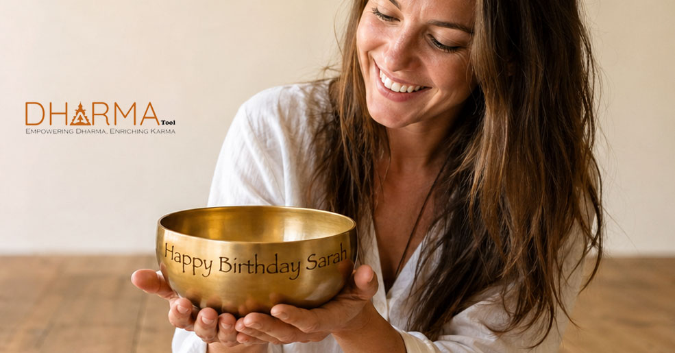 Birthday wish engraved on a custom Tibetan singing bowl — personalised gift hand-forged in Nepal by Dharma Tool
