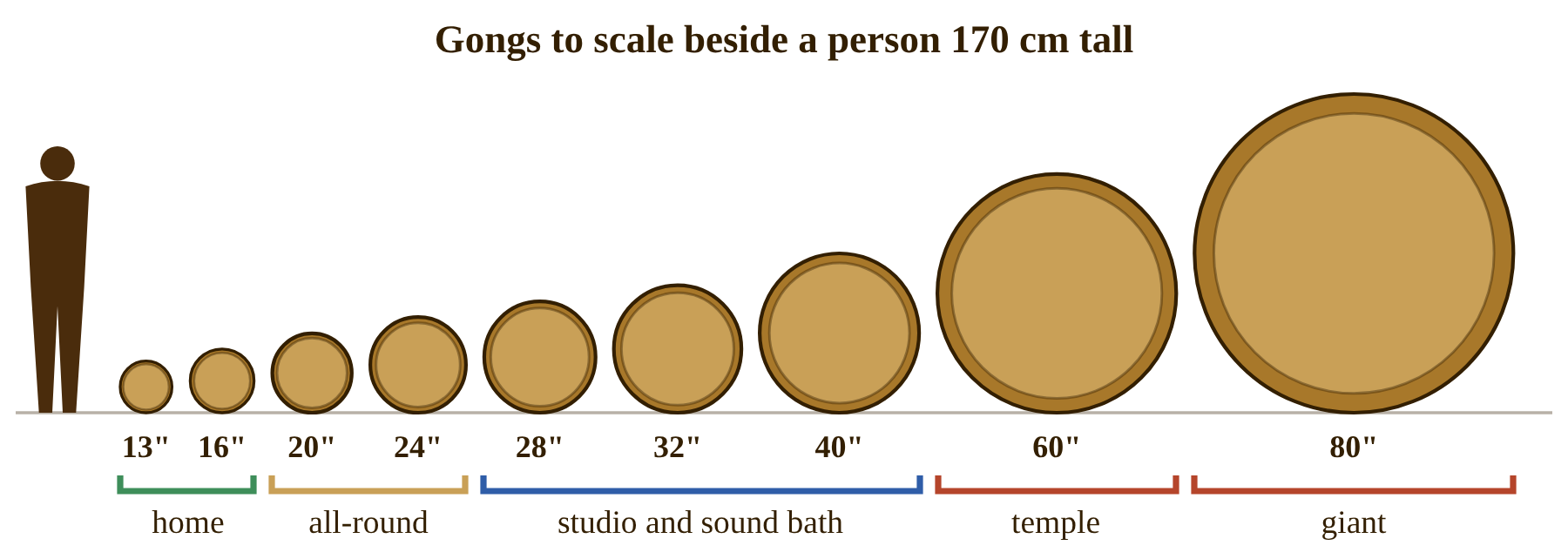 Gong sizes to scale beside a person: 13 to 40 inch gongs, a 60 inch temple gong and an 80 inch giant gong