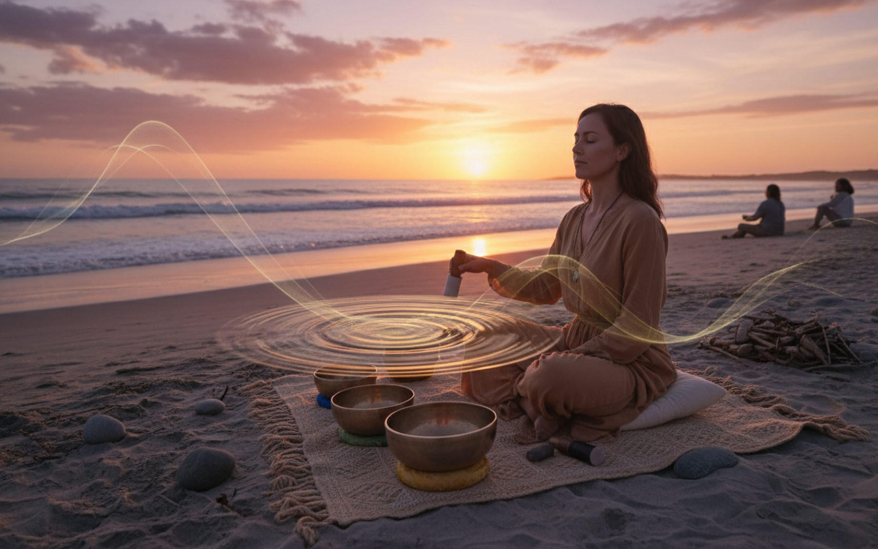 Happy with Singing Bowl Healing Job Happy practitioner enjoying a singing bowl healing career