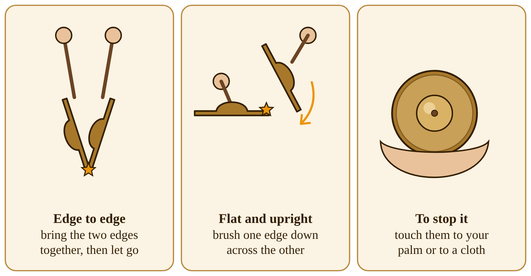 How to ring tingsha: edge to edge, flat and upright, and touching them to the palm to stop the ring