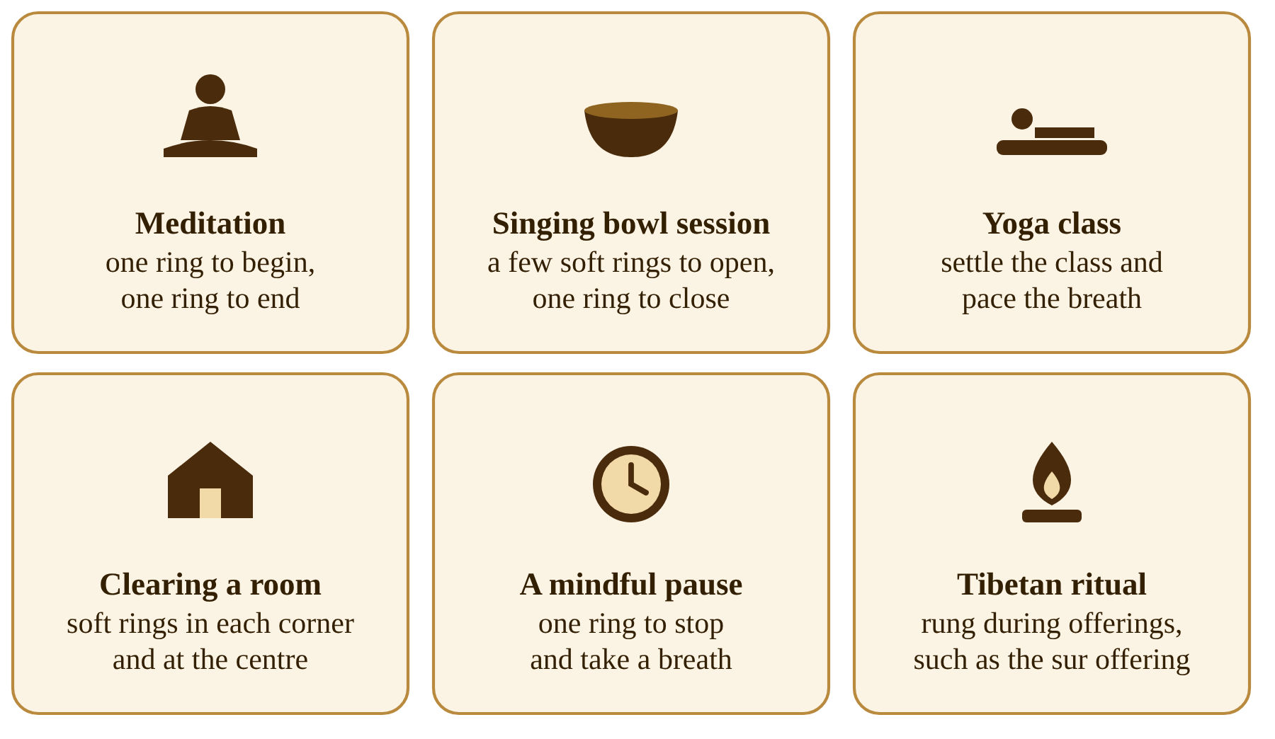When to use tingsha: meditation, singing bowl sessions, yoga, clearing a room, a mindful pause and Tibetan ritual