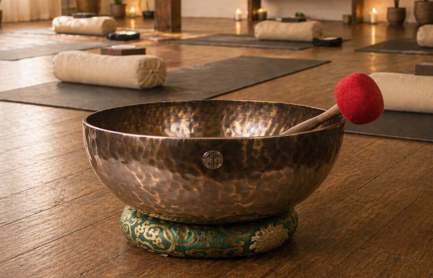 Large full moon Tibetan singing bowl in yoga studio sound healing session