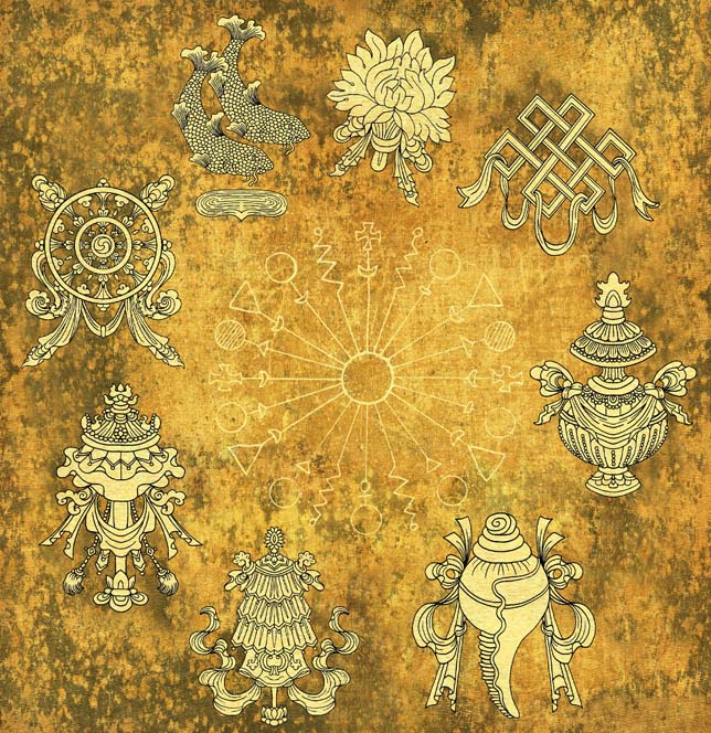 Tibetan sacred symbols found on singing bowls including Buddha, mandala and Om