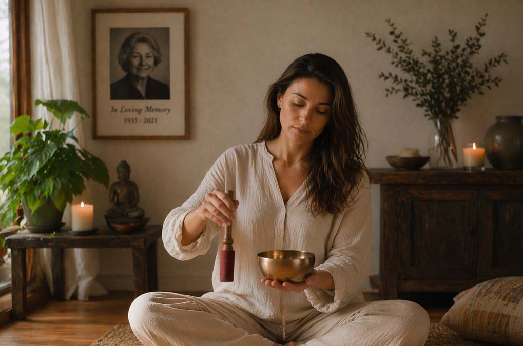 Happy woman playing a handmade Tibetan singing bowl for emotional healing and grief
