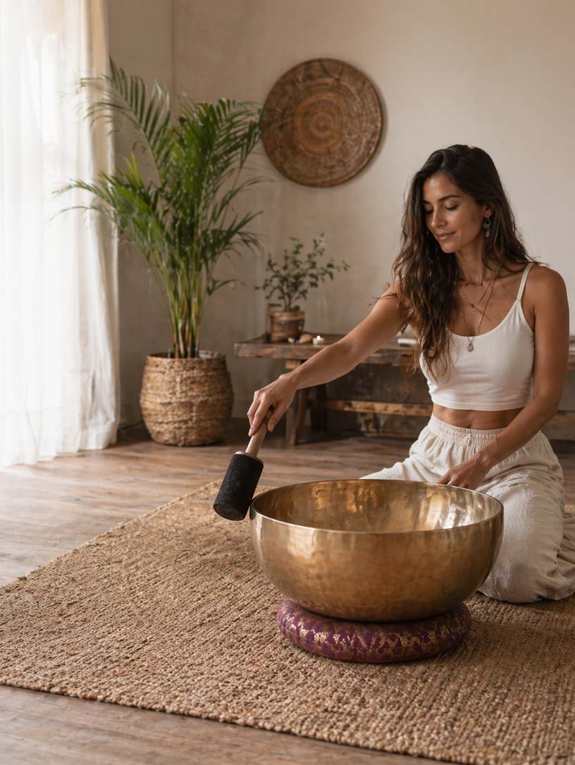 Woman playing extra large Tibetan singing bowl